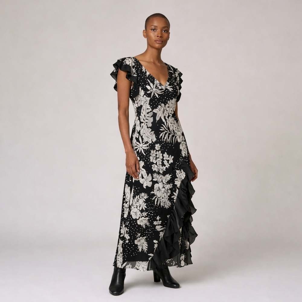 Black & White Floral Ruffle Maxi Dress with V-Neck